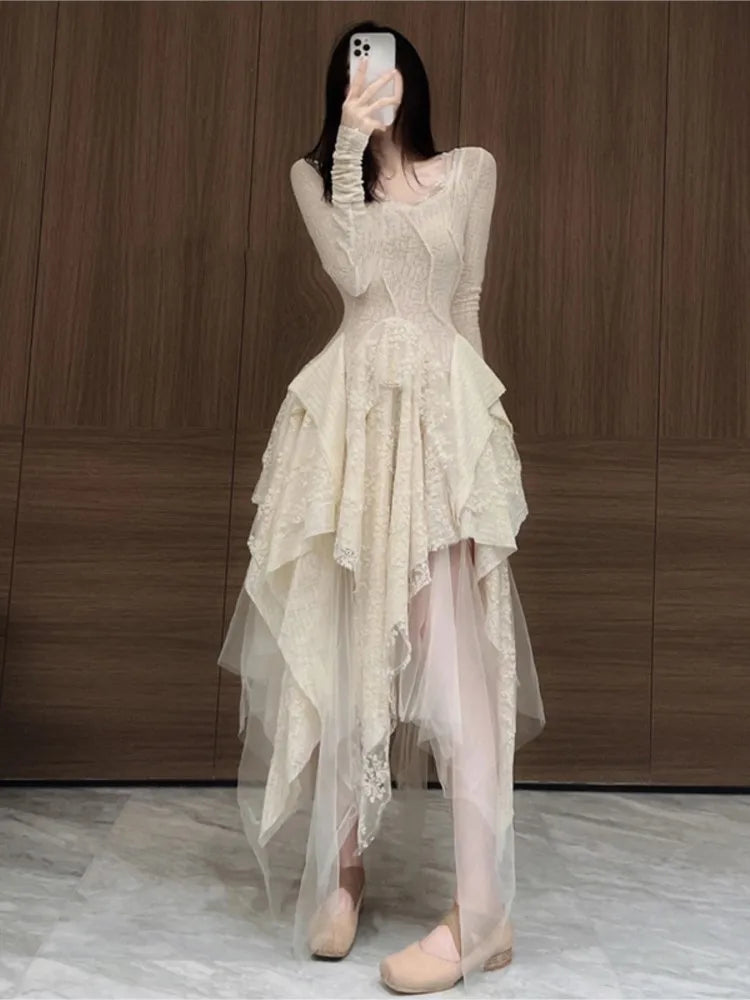 French Irregular Lace Splicing Evening Bridesmaid White Midi Dress InsStreet