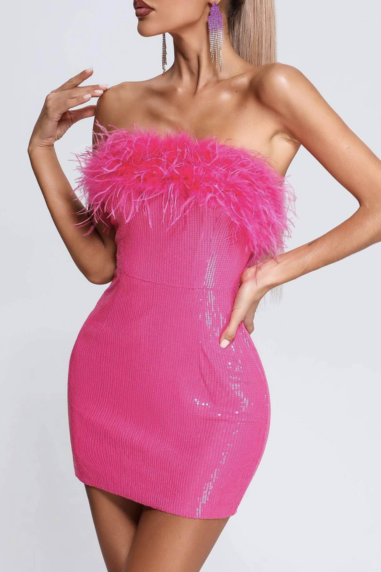 Sequins Pack Hip Dress with Fuzzy Strapless Design InsStreet