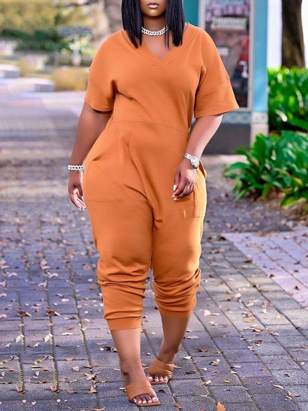 Solid V-Neck Jumpsuit Ins Street