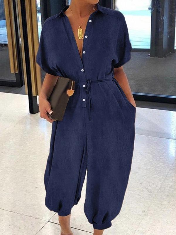 Button-Front Belted Denim Jumpsuit Ins Street