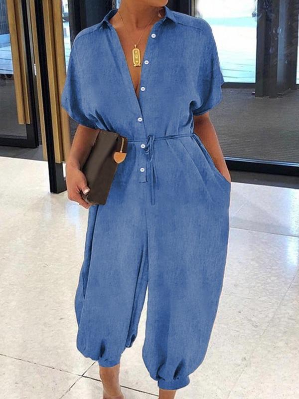 Button-Front Belted Denim Jumpsuit Ins Street