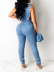 Button-Front Sleeveless Denim Jumpsuit Ins Street