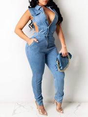 Button-Front Sleeveless Denim Jumpsuit Ins Street