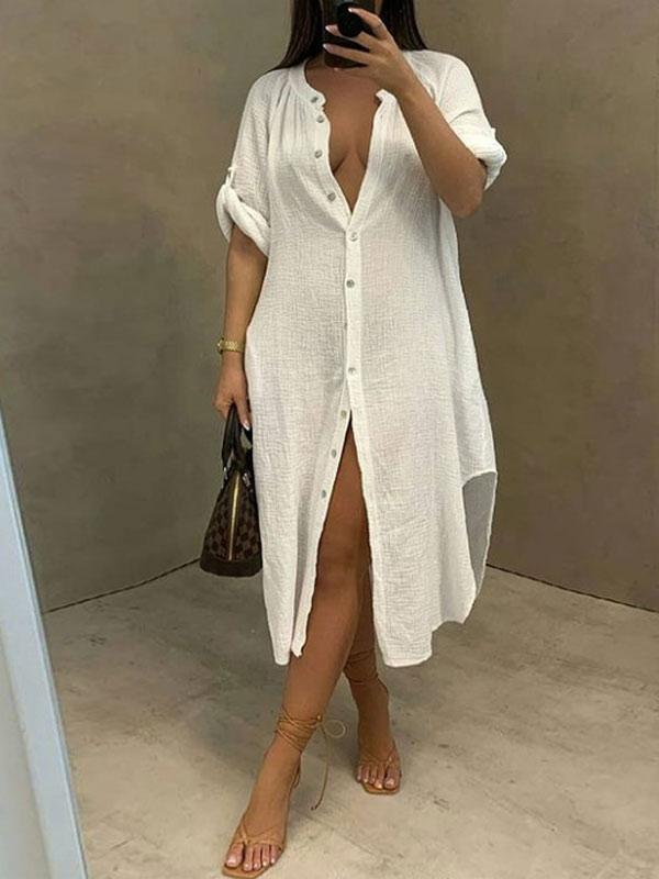 Mandarin-Collar Shirt Dress Ins Street