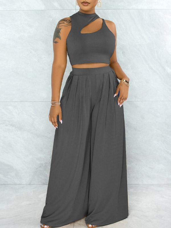 Solid Cutout Top & Wide-Leg Pants Set Ins Street