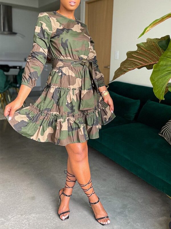 Camo Tied Ruffle Dress Ins Street