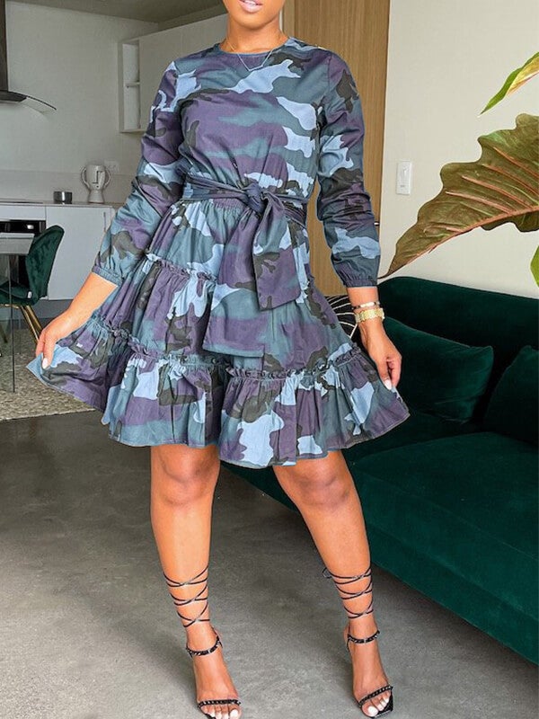 Camo Tied Ruffle Dress Ins Street