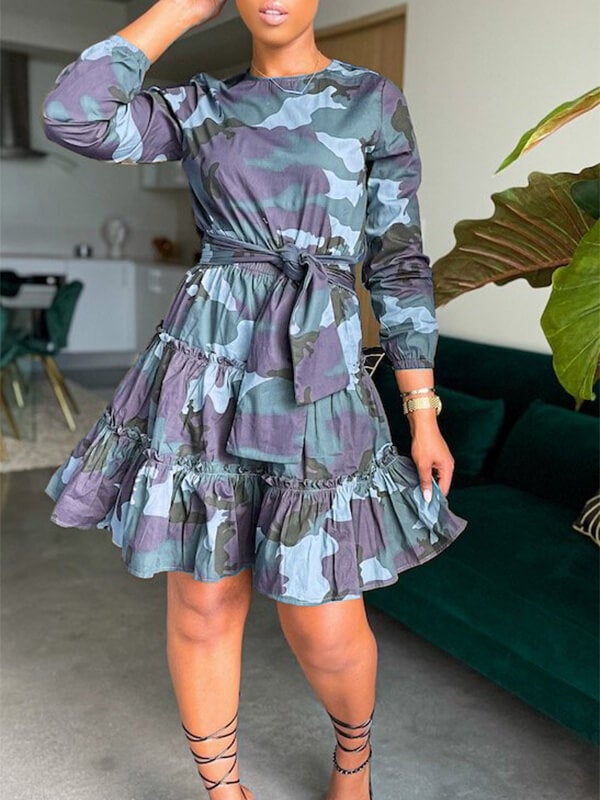 Camo Tied Ruffle Dress Ins Street