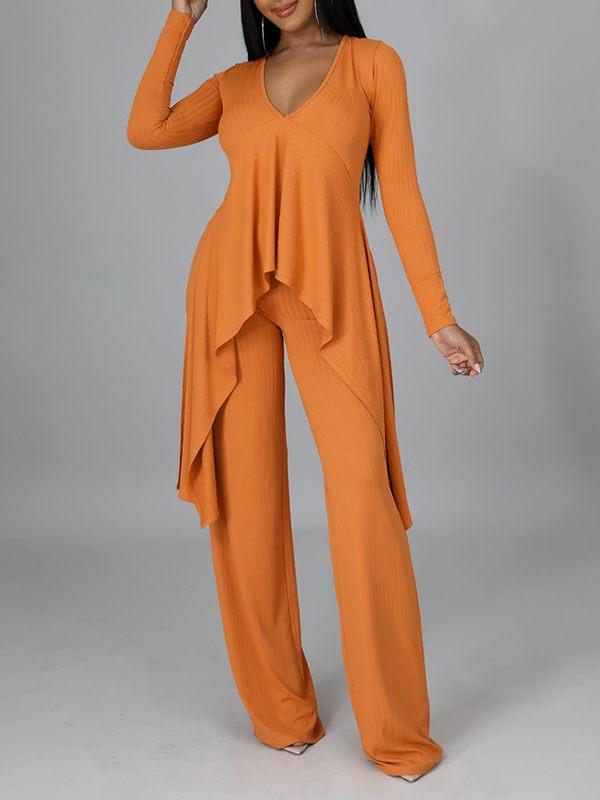 Ribbed Asymmetric Top & Pants Set--Clearance Ins Street