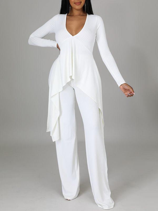 Ribbed Asymmetric Top & Pants Set--Clearance Ins Street