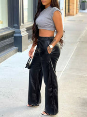 Faux-Leather Elastic-Waist Pants Ins Street