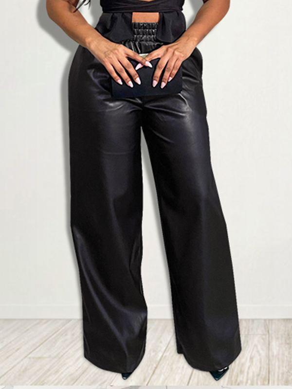 Faux-Leather Wide-Leg Pants Ins Street