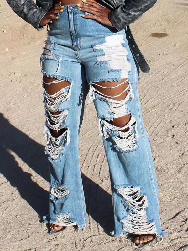 Ripped Fringe Jeans Ins Street