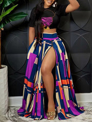 Graphic Crop Top & Colorblock Slit Skirt Set Ins Street