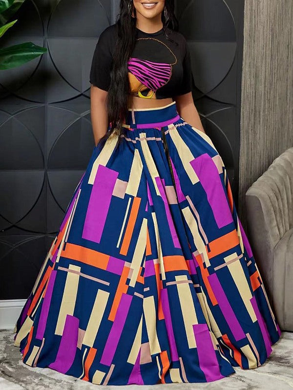 Graphic Crop Top & Colorblock Slit Skirt Set Ins Street