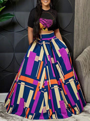 Graphic Crop Top & Colorblock Slit Skirt Set Ins Street