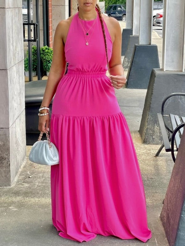 Halter Elastic-Waist Maxi Dress Ins Street