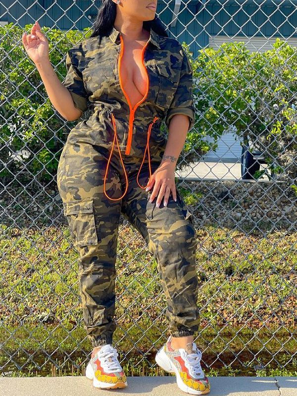 Camo Zip-Front Jumpsuit Ins Street