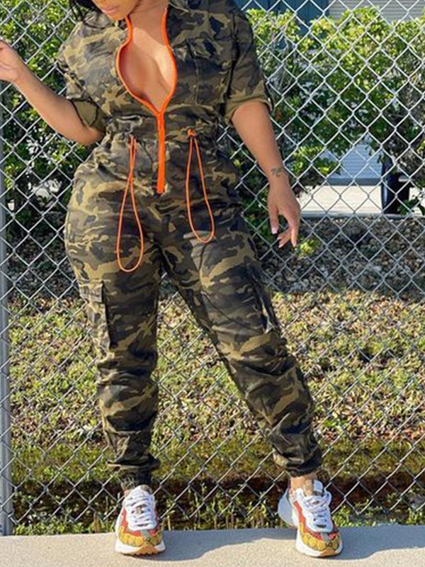 Camo Zip-Front Jumpsuit Ins Street