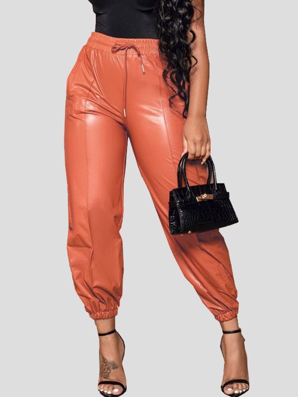 Drawstring Faux-Leather Jogger Pants Ins Street