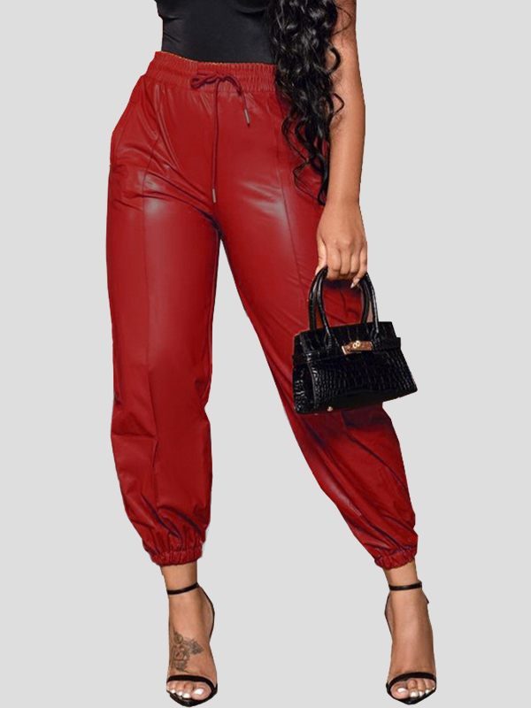 Drawstring Faux-Leather Jogger Pants Ins Street