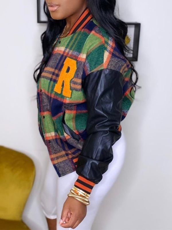 Faux-Leather Combo Plaid Bomber Jacket--Clearance Ins Street