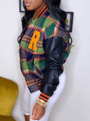 Faux-Leather Combo Plaid Bomber Jacket--Clearance Ins Street