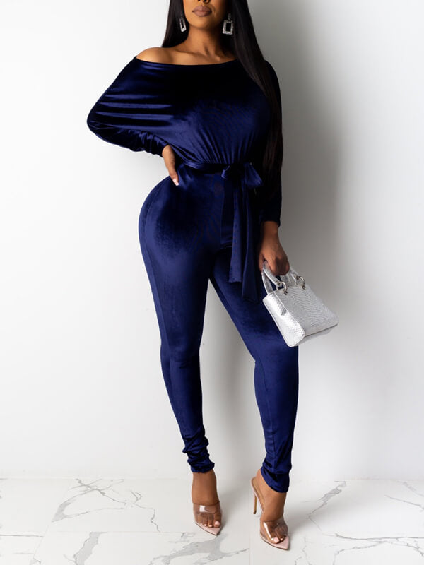 Velvet Boat-Neck Tied Jumpsuit Ins Street