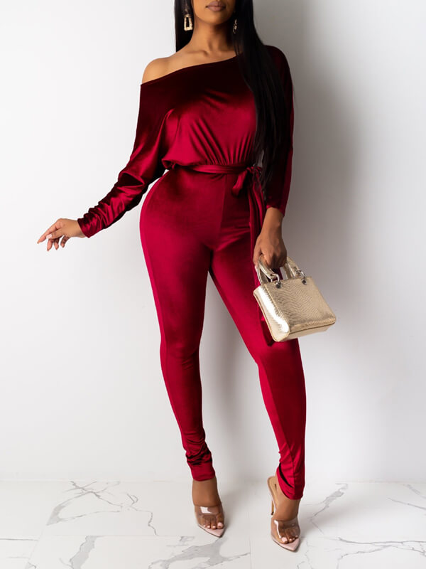 Velvet Boat-Neck Tied Jumpsuit Ins Street