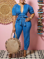 Zip-Front Tied Denim Jumpsuit Ins Street