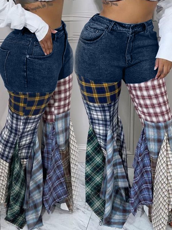 Plaid Combo Jeans Ins Street