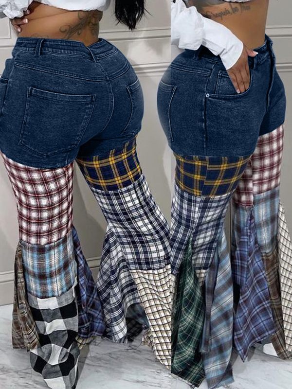 Plaid Combo Jeans Ins Street