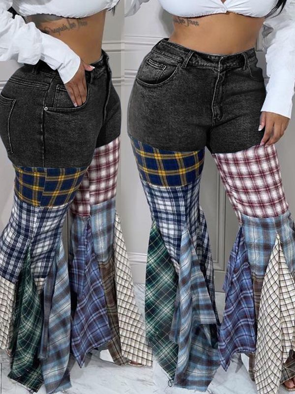 Plaid Combo Jeans Ins Street