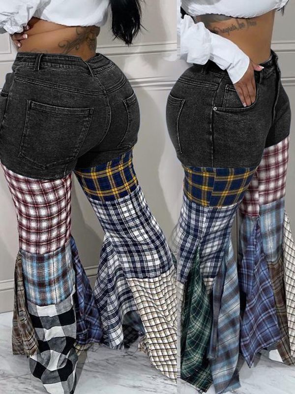 Plaid Combo Jeans Ins Street