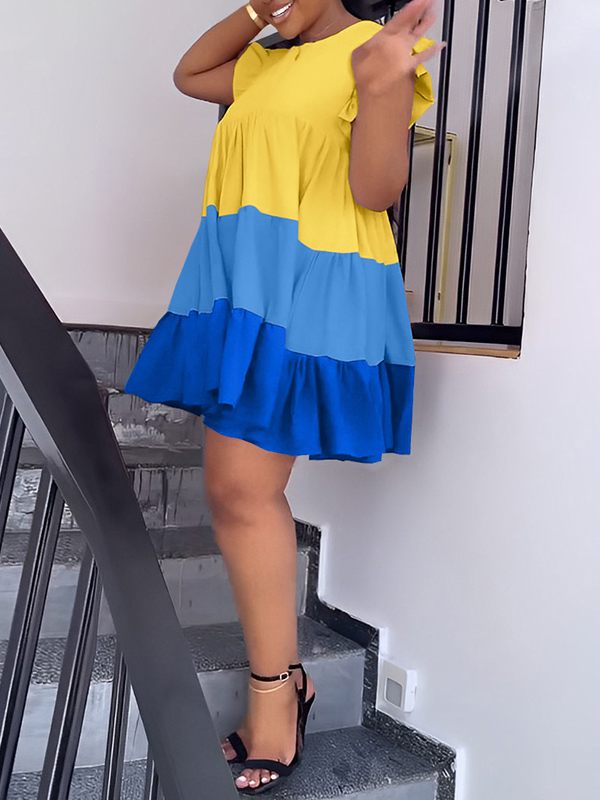 Three-Tone Ruffle Dress Ins Street