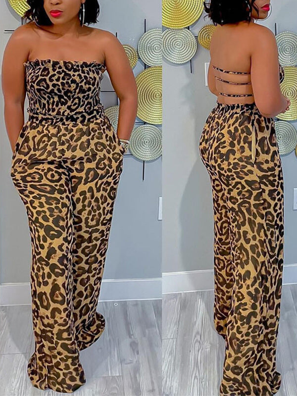 Leopard Smocked Strapless Jumpsuit Ins Street