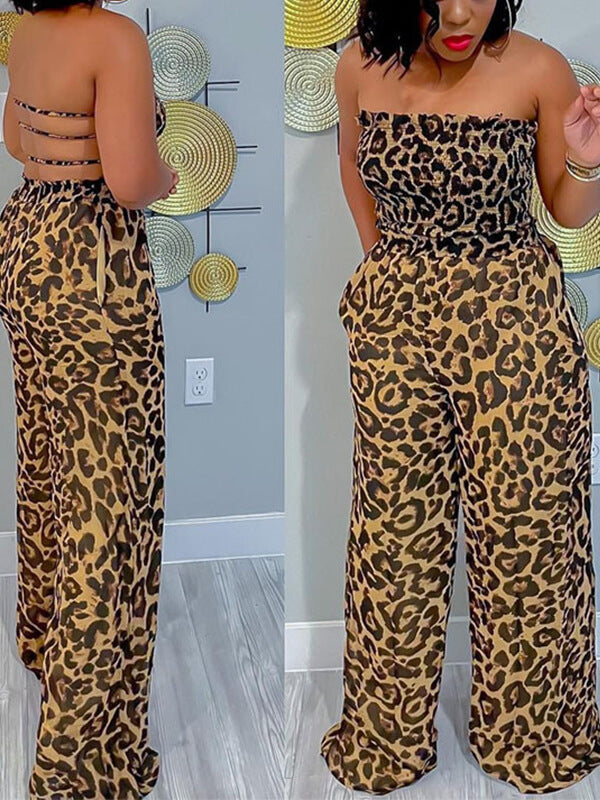 Leopard Smocked Strapless Jumpsuit Ins Street