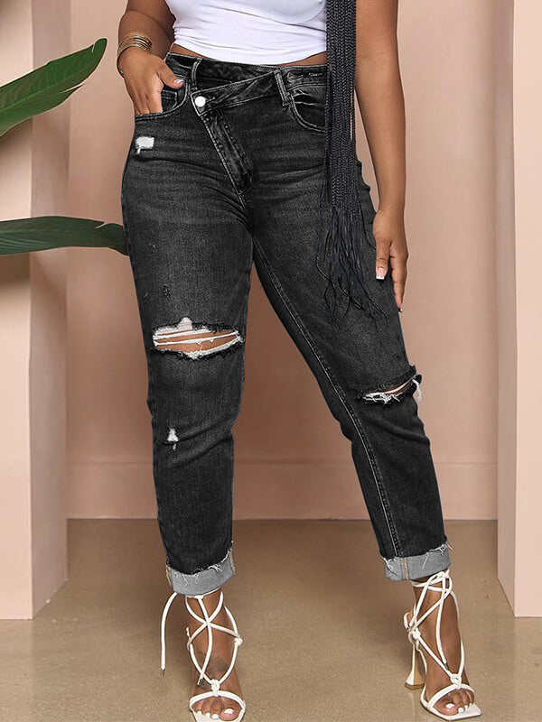 Asymmetric Ripped Jeans Ins Street