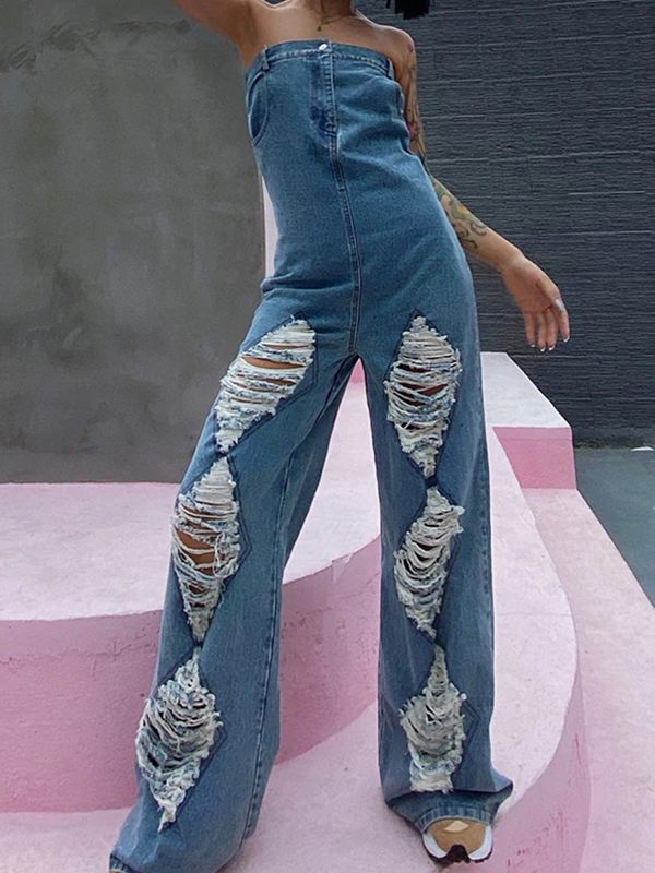 Ripped Strapless Denim Jumpsuit Ins Street