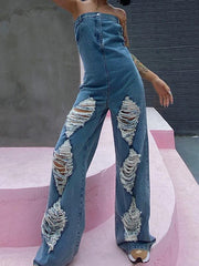 Ripped Strapless Denim Jumpsuit Ins Street