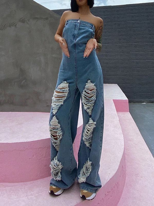 Ripped Strapless Denim Jumpsuit Ins Street