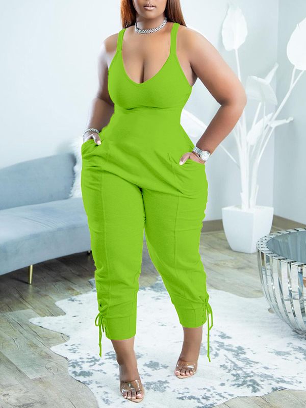 Solid V-Neck Sleeveless Jumpsuit Ins Street