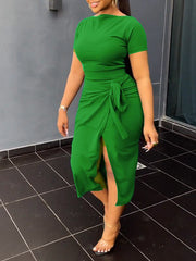 Solid Cropped Top & Slit Skirt Set Ins Street