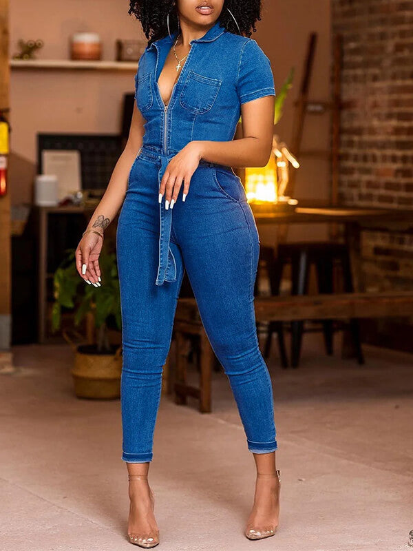 Zip-Front Tied Denim Jumpsuit Ins Street