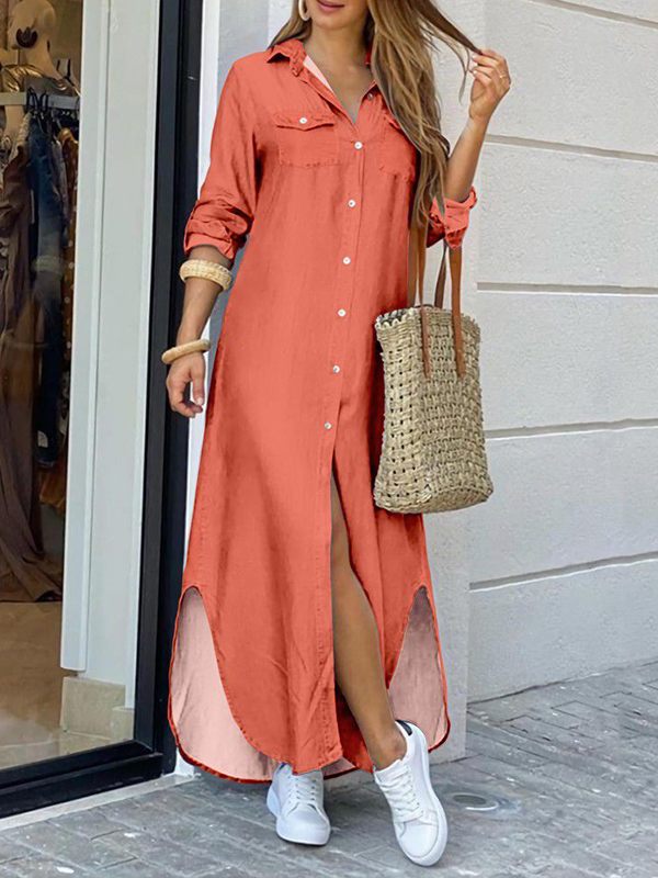 Solid Side-Slit Shirt Dress Ins Street