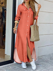 Solid Side-Slit Shirt Dress Ins Street