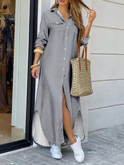 Solid Side-Slit Shirt Dress Ins Street