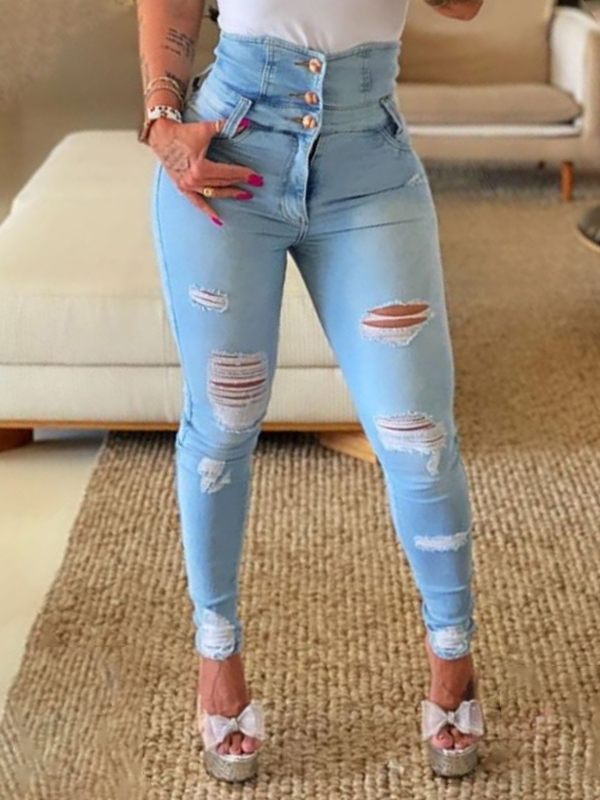 High-Waist Ripped Jeans Ins Street