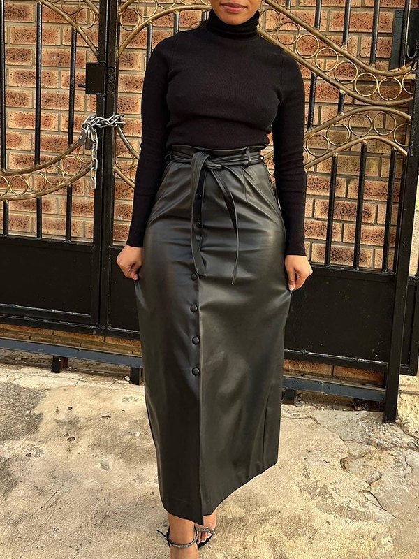 Faux-Leather Belted Skirt Ins Street