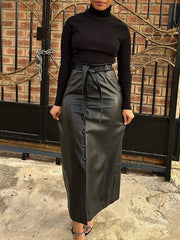 Faux-Leather Belted Skirt Ins Street